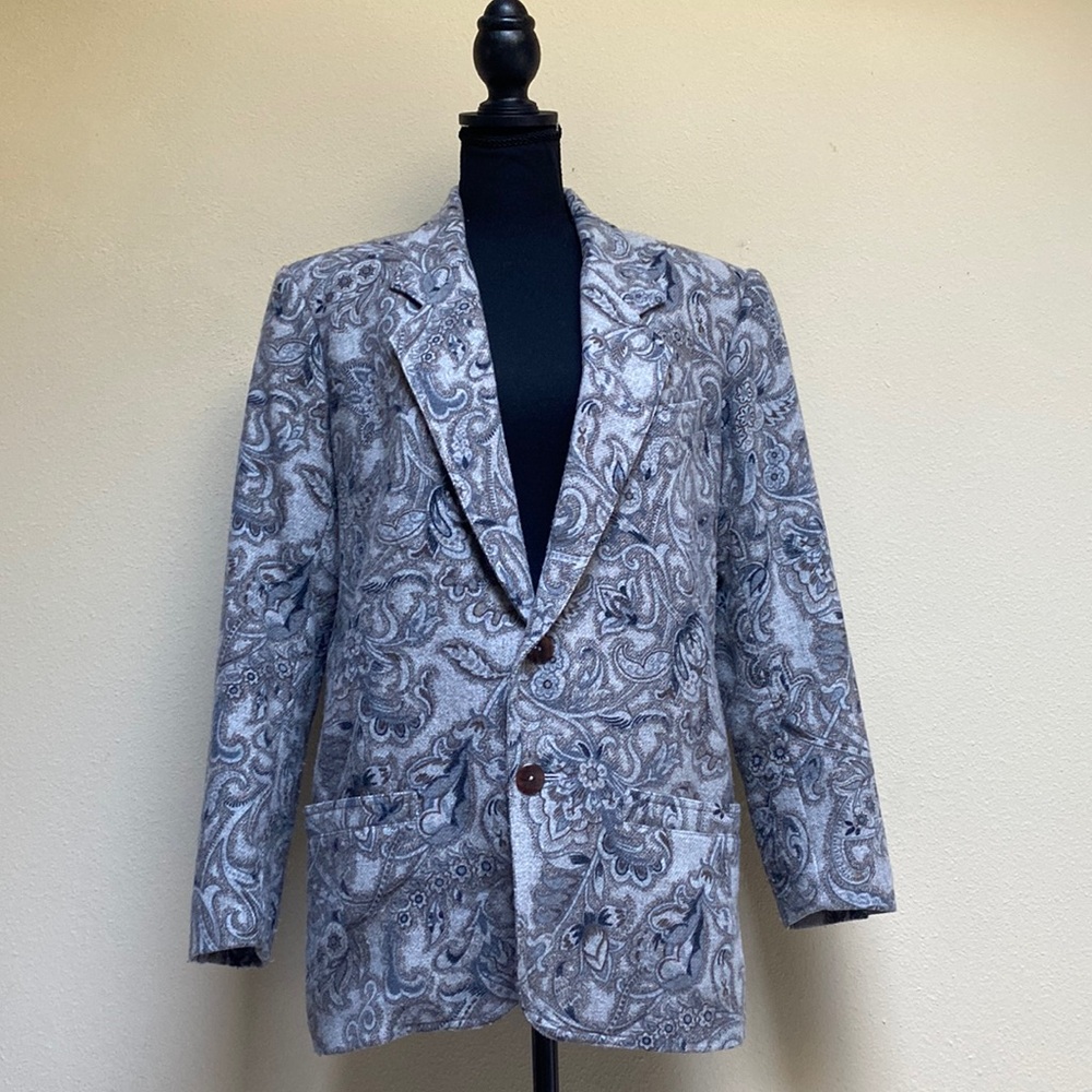 Vintage Lizwear Grey Paisley Print Wool Blend Women’s Blazer Size 6
